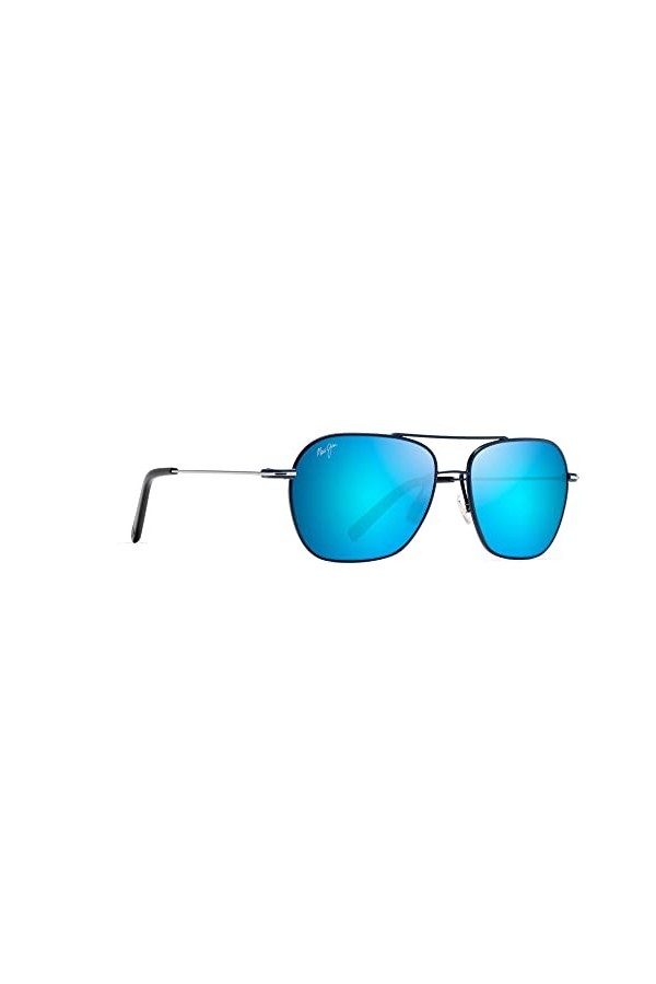 Maui Jim Mano Lunettes de soleil unisexes avec verres polarisés brevetés Plus 2, Bleu marine foncé avec rayures argentées/ble