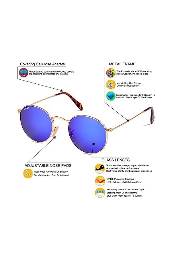 DIKLEY Lunettes de soleil rondes rétro vintage pour homme et femme - Verres miroir - Cadre en métal - Verres en verre miroir 