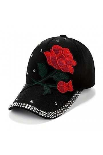 Amacigana Casquette de baseball avec motif rose rouge - Avec strass - Léger - Réglable - Pour lété - Pour femme - Protection