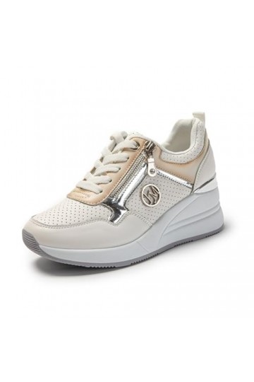 JOMIX Basket Femme Compensé Chaussures à Talon Femme Chaussures de Sport Marche Confortable Respirant Blanc, 41 