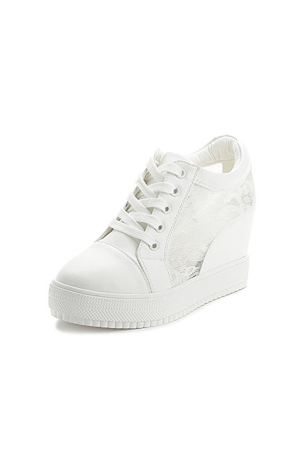 SOIXANTE Chaussure Mode Baskets Dentelle Femme Sneaker Talon Compensé 7 CM, Blanc, 39 EU