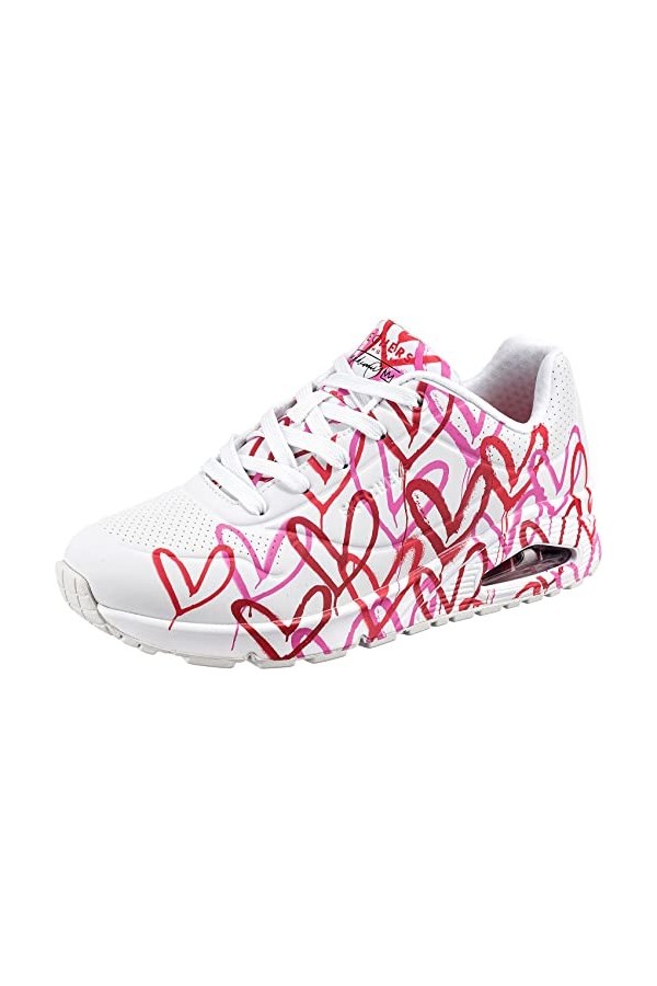 Skechers Femme Uno Spread The Love Basket, Blanc W Rouge et Rose imprimé cœur Durabuck M, 39 EU