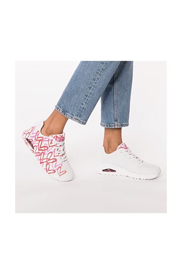 Skechers Femme Uno Spread The Love Basket, Blanc W Rouge et Rose imprimé cœur Durabuck M, 41 EU