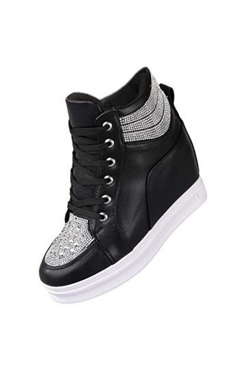 rismart Femme Talon Compensé Baskets Mode Briller High Top Lacets Cheville Bottillon Noir, 38 EU