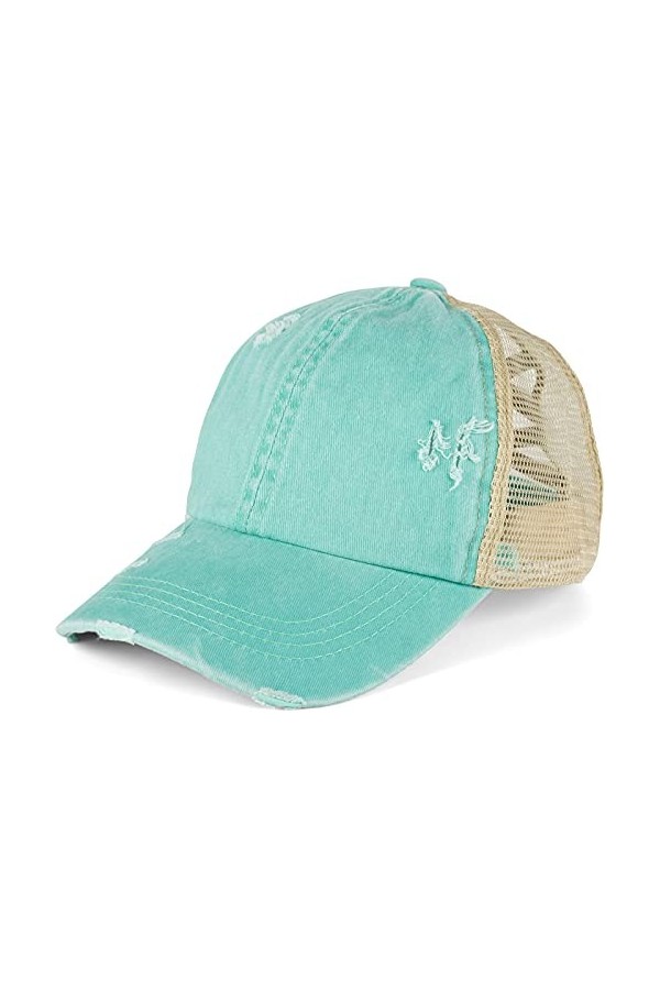 styleBREAKER Casquette de Baseball pour Femmes en Look usagé délavé avec Insert en Maille, Queue de Cheval, 6 Panneaux, régla