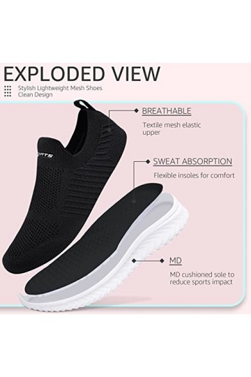 Basket Femme Respirantes Slip on pour Sneakers Femmes Chaussure de Running Fitness Légères Sneakers,Noir Blanc,40 EU