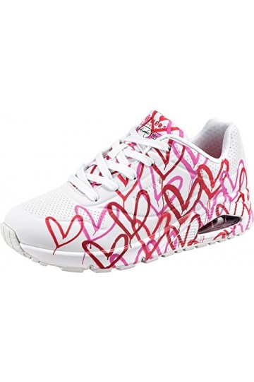 Skechers Femme Uno Spread The Love Basket, Blanc W Rouge et Rose imprimé cœur Durabuck M, 41 EU