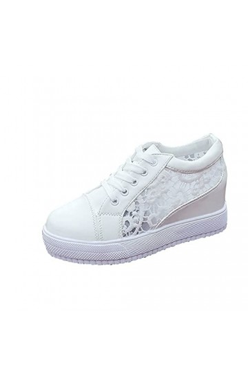 LootenKun Sneakers Femme Blanche Plateforme Sexy Dentelle Ajouré Respirante Mesh Souple Semelle Lacet Chaussure Legere Basket