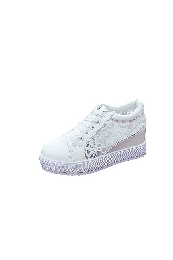 LootenKun Sneakers Femme Blanche Plateforme Sexy Dentelle Ajouré Respirante Mesh Souple Semelle Lacet Chaussure Legere Basket