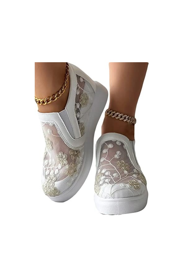 Minetom Femme Baskets Compensées Montante Sneakers Tennis Chaussures Casuel Toile Slip on Mesh Broderie Fleur Légère Chaussur