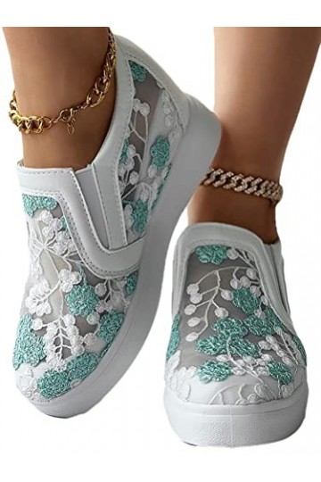 Minetom Femme Baskets Compensées Montante Sneakers Tennis Chaussures Casuel Toile Slip on Mesh Broderie Fleur Légère Chaussur