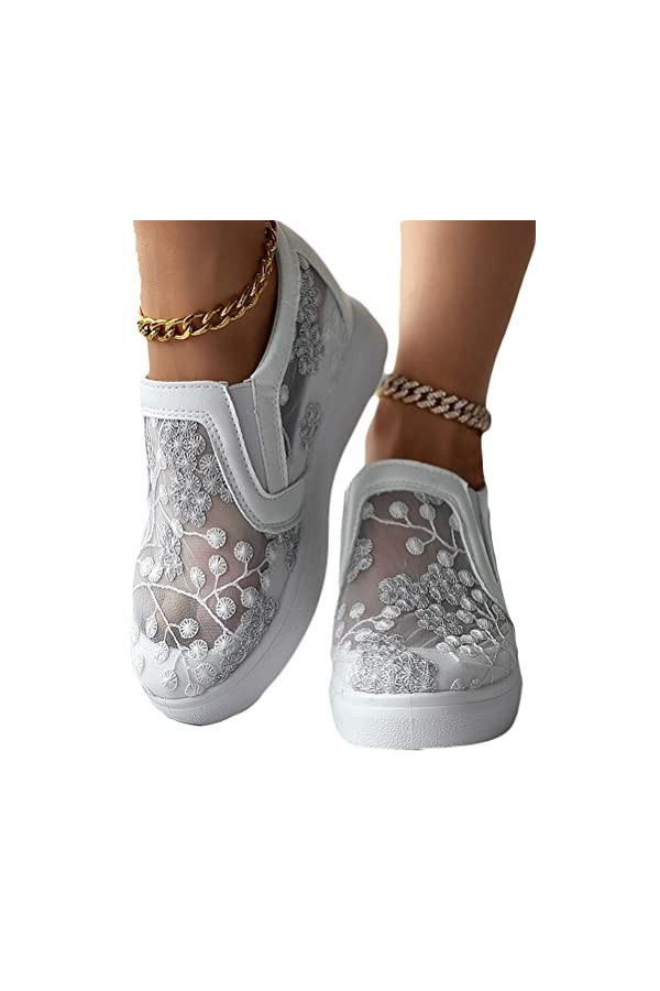 Minetom Femme Baskets Compensées Montante Sneakers Tennis Chaussures Casuel Toile Slip on Mesh Broderie Fleur Légère Chaussur