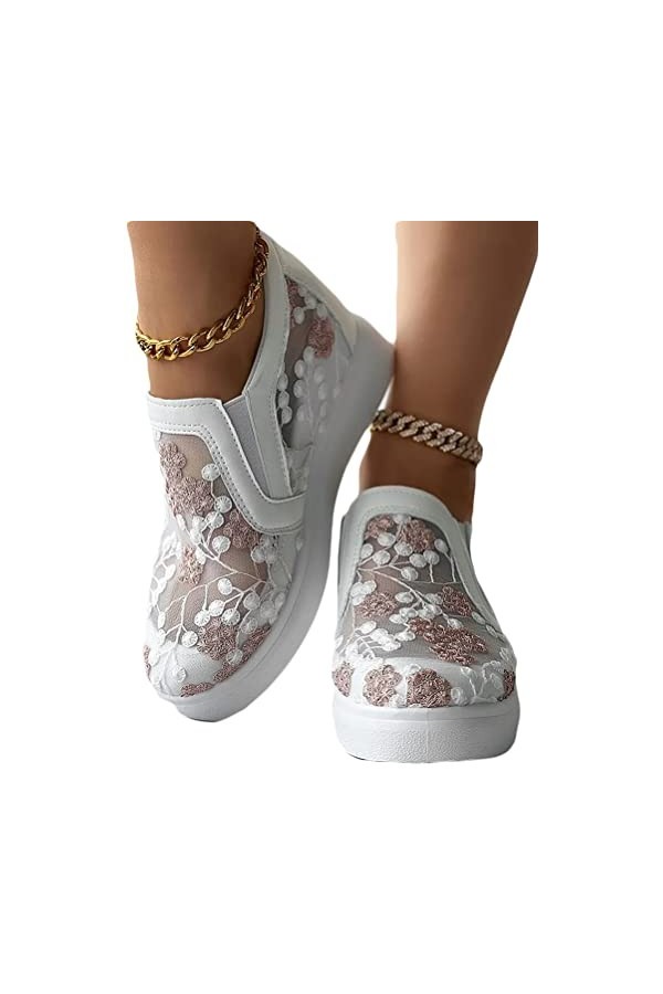 Minetom Femme Baskets Compensées Montante Sneakers Tennis Chaussures Casuel Toile Slip on Mesh Broderie Fleur Légère Chaussur
