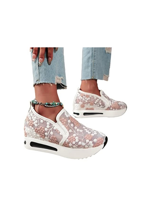 higyee Baskets en Dentelle pour Femme,Baskets compensées à la Mode | Chaussures Respirantes décontractées à Enfiler pour la M