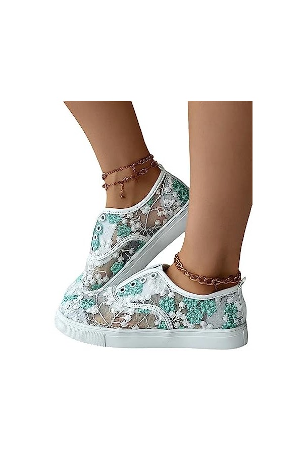 EGSDMNVSQ Baskets en Toile Femme sans Lacet Chaussures Plates Mocassins Bas Bout Dentelle Baskets Chaussures Décontractées Re