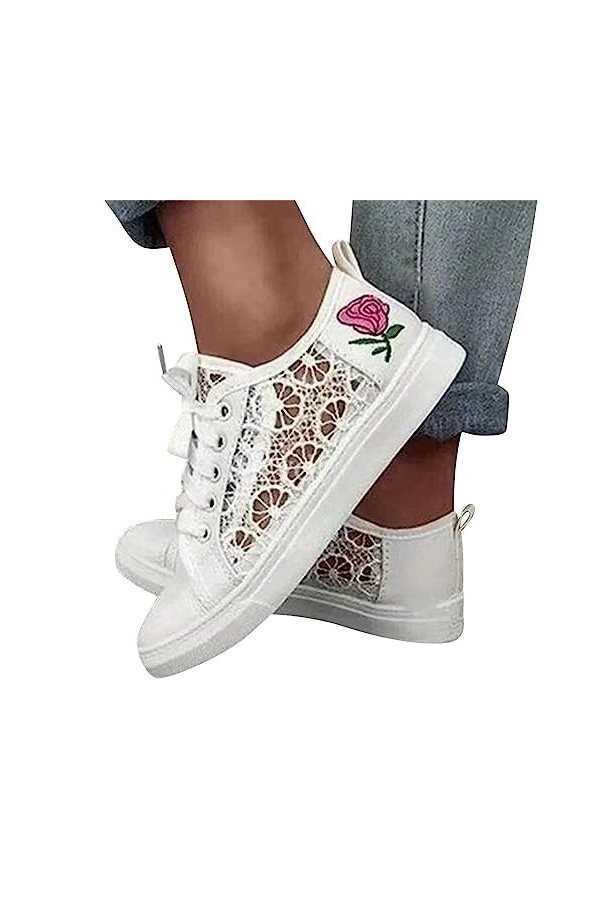 tinbarry Chaussures décontractées Femmes Baskets Basses en Toile Plate Baskets brodées Dentelle Chaussures en Tissu Respirant