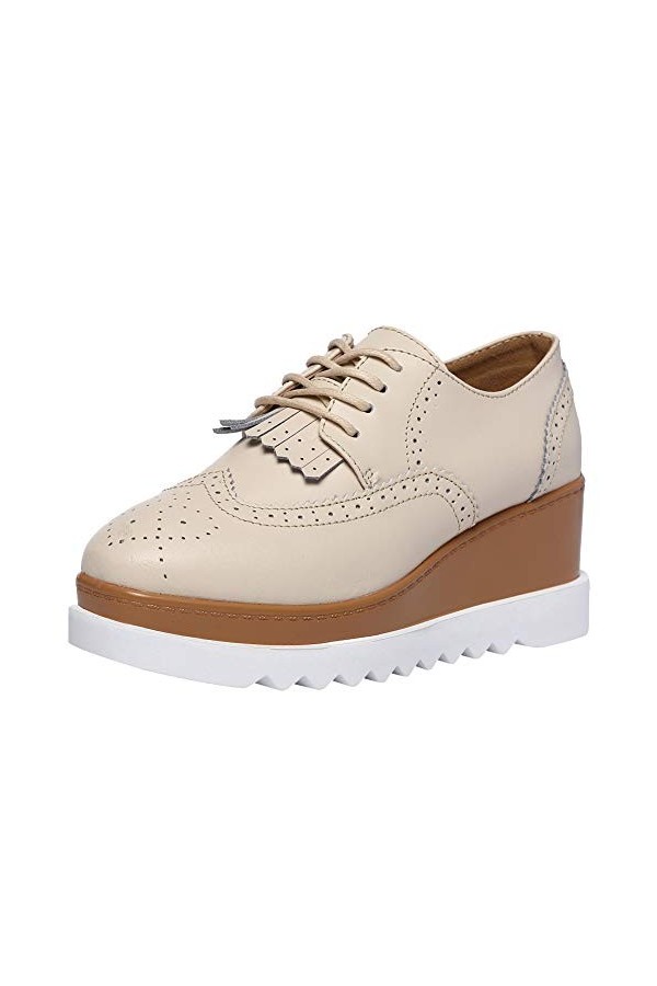ANUFER Femmes Haut Plateforme Creepers Lacer Richelieu Gland Talon Compensé Bout Carré Trainers Chaussure Beige SN020213 EU38