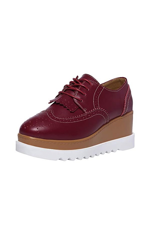 ANUFER Femmes Haut Plateforme Creepers Lacer Richelieu Gland Talon Compensé Bout Carré Trainers Chaussure Beige SN020213 EU38