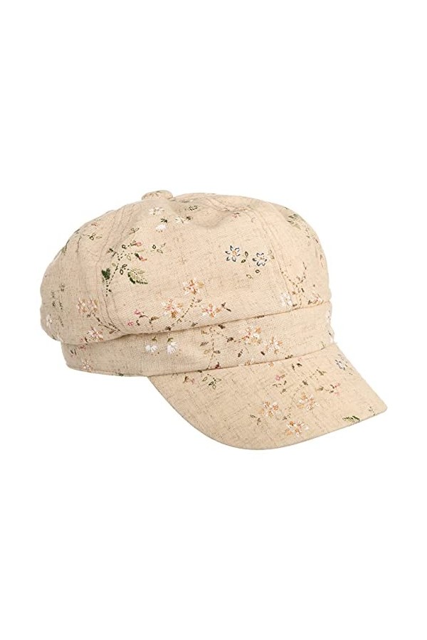 Lipodo Casquette Gavroche en Lin Flowers Femme - pour avec étiquette visière, visière Printemps-été - S 55-56 cm Beige