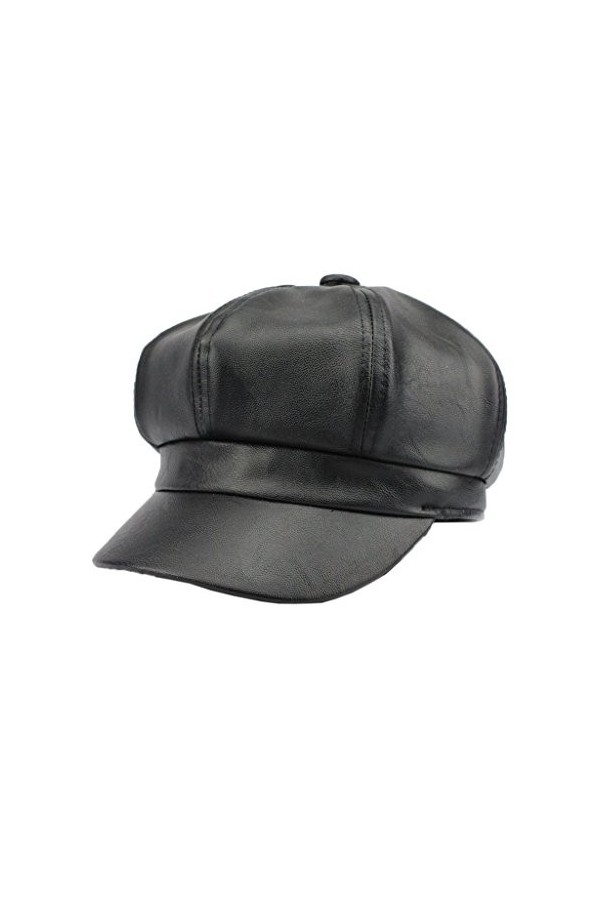 YL Femme Casquette Gavroche Souple Chapeau Octogone Style Rétro en Cuir PU Neuf Accessoire Unisexe Noir 