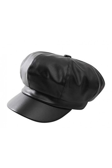 Retro PU Cuir Casquette Souples Femme Beret Hiver Chapeau Visière Noir 