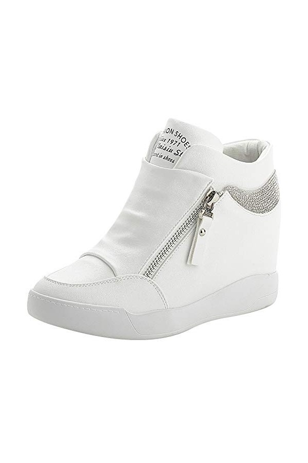rismart Femme Talon Compensé Plateforme Bottillon Élégant Baskets Mode Chaussures SN15018 Blanc,35.5 EU 
