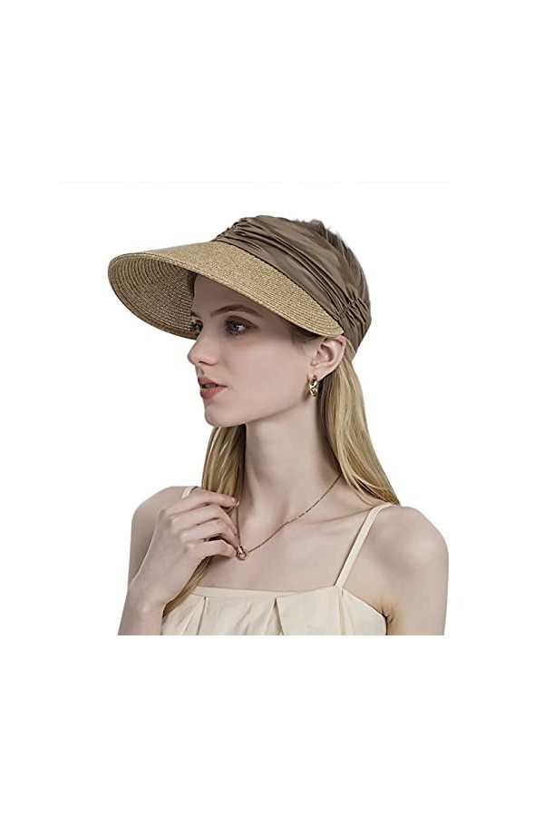 JIAHG Chapeau de Soleil en Paille Femme Casquette Visière Anti UV UPF 50+ Chapeau de Paille No Top été Chapeau de Voyage Plag