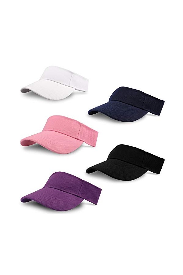 Lot de 5 Casquette Visiere Mixte Réglable pour Tennis, Golf, Course - Visiere Soleil 5 Couleurs, Blanc, Rose, Violet, Noir et
