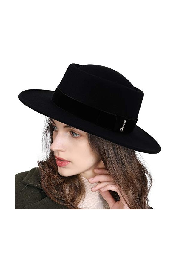 Fancet Chapeau fedora pour femme 100 % feutre de laine à large bord réglable, 88350_Noir bande de velours , M