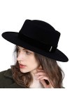 Fancet Chapeau fedora pour femme 100 % feutre de laine à large bord réglable, 88350_Noir bande de velours , M