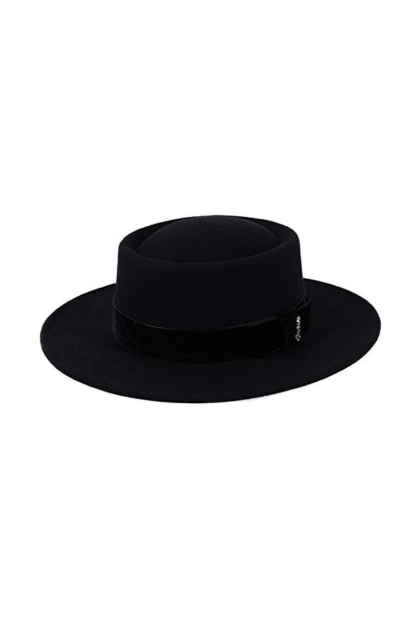 Fancet Chapeau fedora pour femme 100 % feutre de laine à large bord réglable, 88350_Noir bande de velours , M