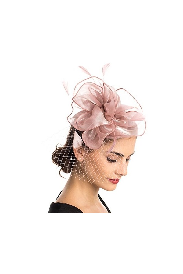 Bibi en plume / maille / voile avec pince et serre-tête pour femme - Motif fleur - Rose - M