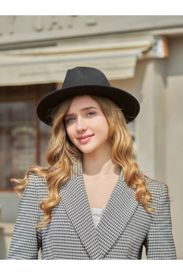 Chapeau Fedora classique pour femme – Chapeau Panama à large bord avec boucle de ceinture - noir - 56/58 cm