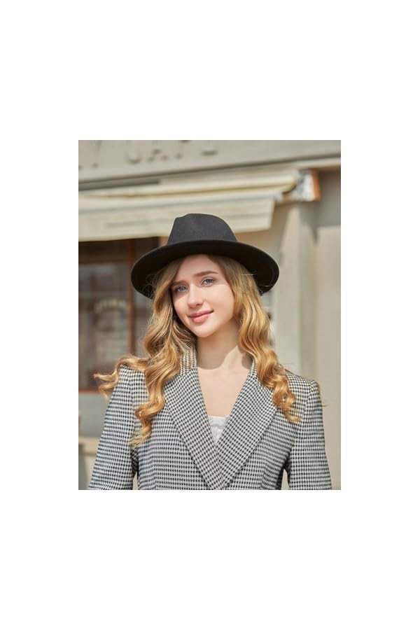 Chapeau Fedora classique pour femme – Chapeau Panama à large bord avec boucle de ceinture - noir - 56/58 cm