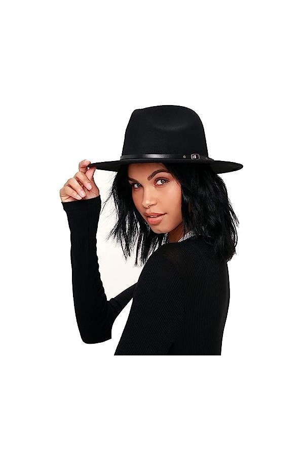 Fedora Chapeau vintage en feutre avec boucle de ceinture pour femme, noir, Taille M