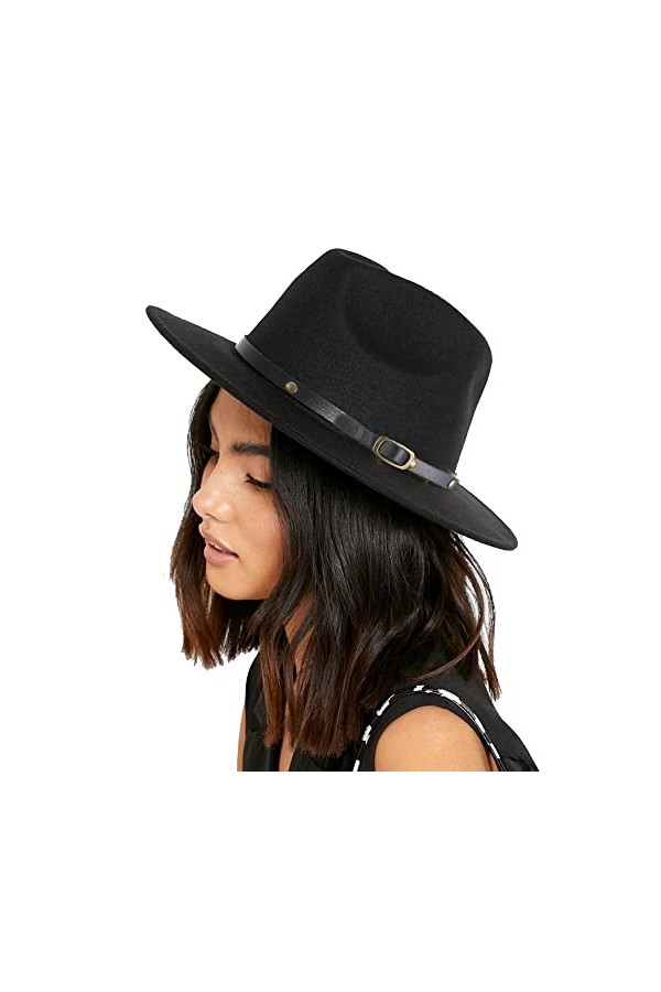 Fedora Chapeau vintage en feutre avec boucle de ceinture pour femme, noir, Taille M