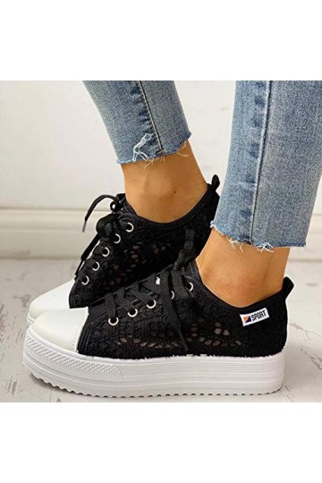 Sneakers Femme Blanche Plateforme Sexy Dentelle Ajouré Respirante Mesh Souple Semelle Lacet Chaussure Legere Baskets Femme à 