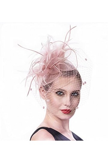 Bibi avec fleur en sinamay et plumes pour femme, Chapeau pour mariage, cocktail, fête - Rose - Medium