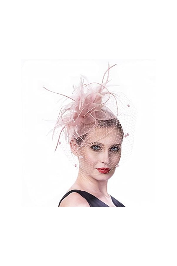 Bibi avec fleur en sinamay et plumes pour femme, Chapeau pour mariage, cocktail, fête - Rose - Medium