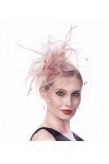 Bibi avec fleur en sinamay et plumes pour femme, Chapeau pour mariage, cocktail, fête - Rose - Medium