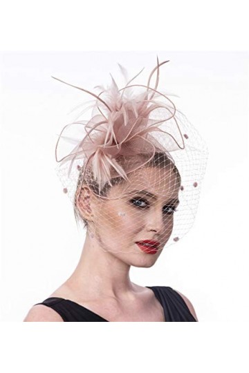 Bibi avec fleur en sinamay et plumes pour femme, Chapeau pour mariage, cocktail, fête - Rose - Medium