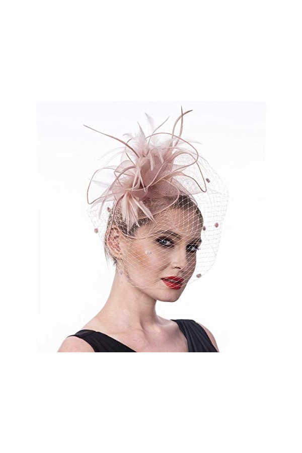 Bibi avec fleur en sinamay et plumes pour femme, Chapeau pour mariage, cocktail, fête - Rose - Medium