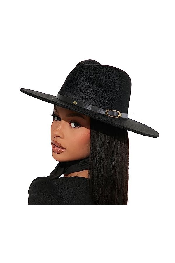 Chapeau Fedora en feutre pour femme - Chapeau de jazz à large bord avec boucle de ceinture tour de tête de 57 cm à 58 cm , N