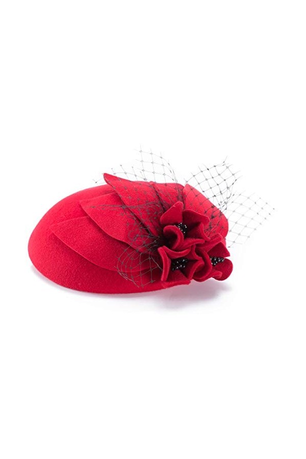 Lawliet Chapeau de cocktail noir pour dame avec fleurs et perles - Rouge - Taille Unique