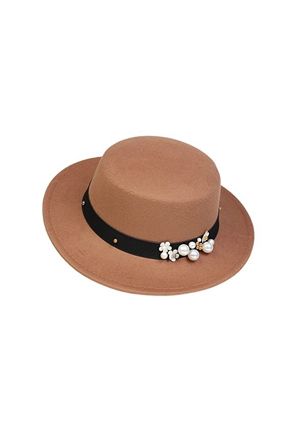 NiceYnn Unisexe Chapeau Fedora en Feutre Large Bord Chapeaux Jazz Vintage avec Bande de Perles Rose