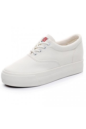 Renben Filles Femmes Classique Plateforme Talon Compensé Bas Baskets en Toile Sneakers Mode Lacer Chaussures Espadrille Blanc
