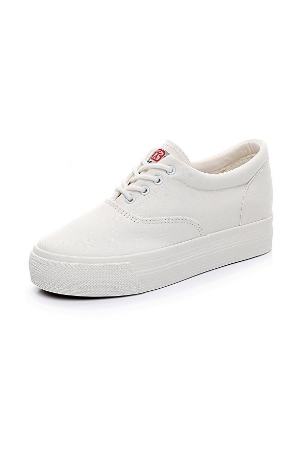 Renben Filles Femmes Classique Plateforme Talon Compensé Bas Baskets en Toile Sneakers Mode Lacer Chaussures Espadrille Blanc