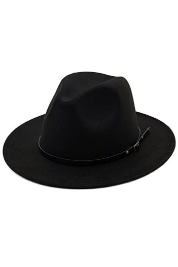 Chapeau Fedora Panama à large bord en feutre avec boucle de ceinture pour femme, noir, 7-7 1/4