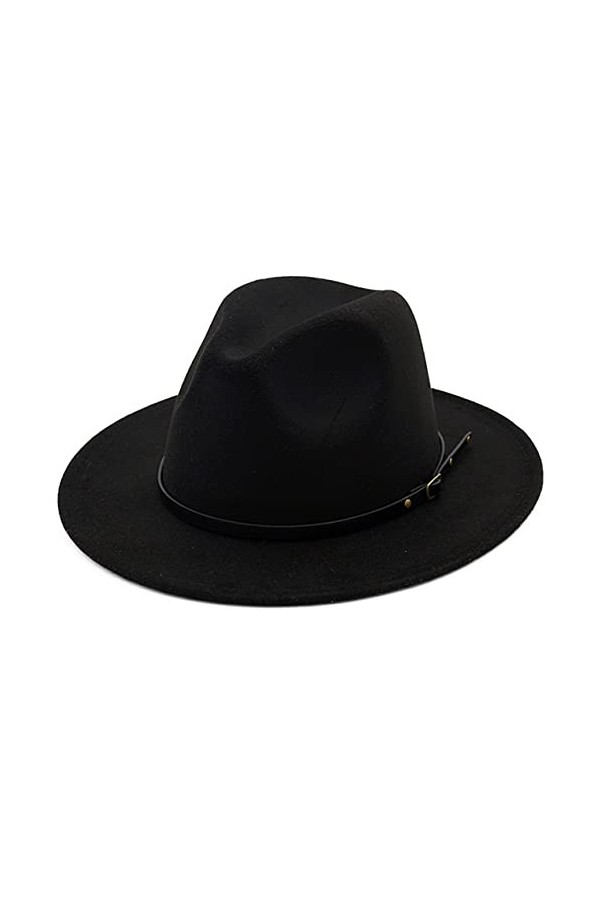 Chapeau Fedora Panama à large bord en feutre avec boucle de ceinture pour femme, noir, 7-7 1/4