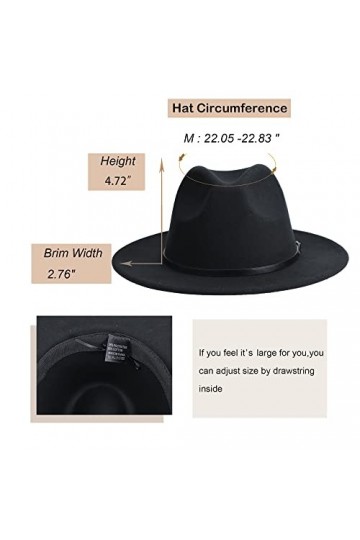 Chapeau Fedora Panama à large bord en feutre avec boucle de ceinture pour femme, noir, 7-7 1/4